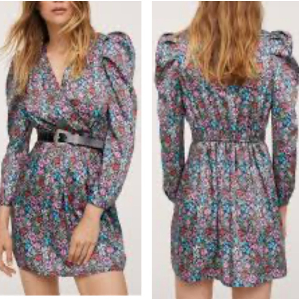 Mango Printed Long Puff Sleeves Dress Size Large